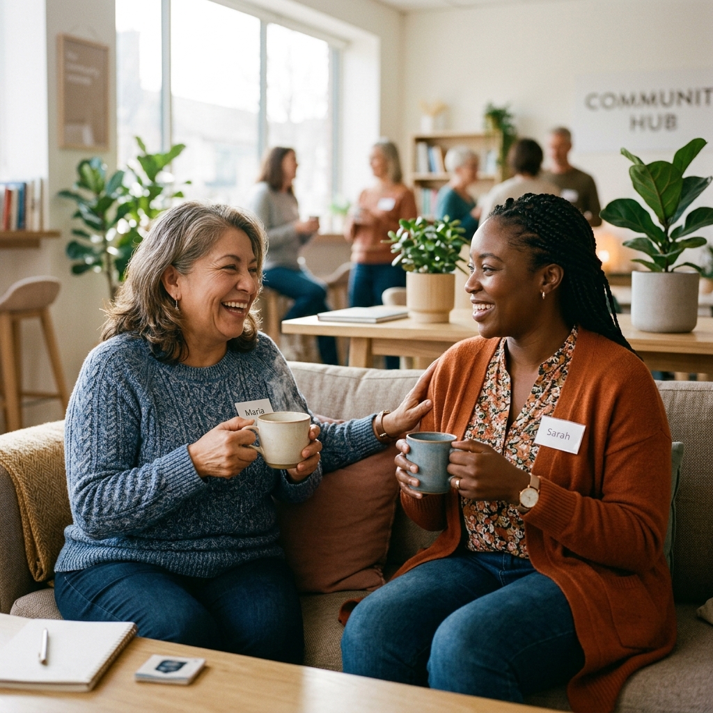 Two carers sharing compassionate support over coffee