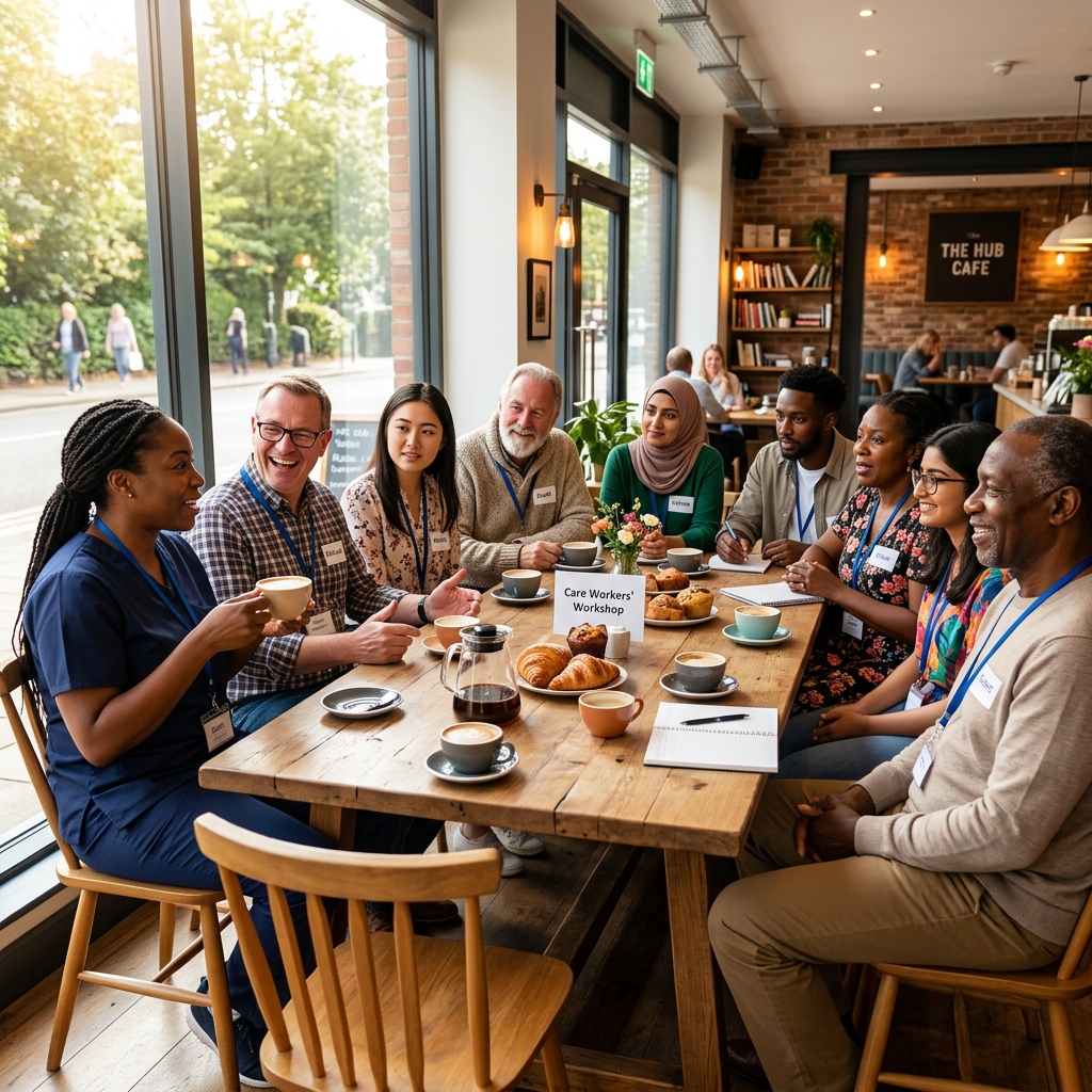 Diverse community of care workers gathering at the Coffee Morning Workshop